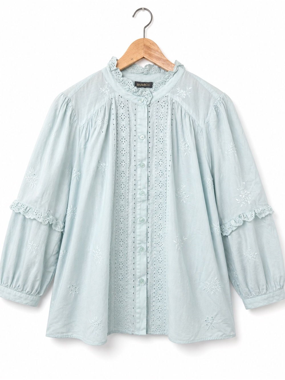 Mint Eyelet Blouse Women | Embroidered Boho Top Puff Sleeve Cottagecore - Picture 3 of 11